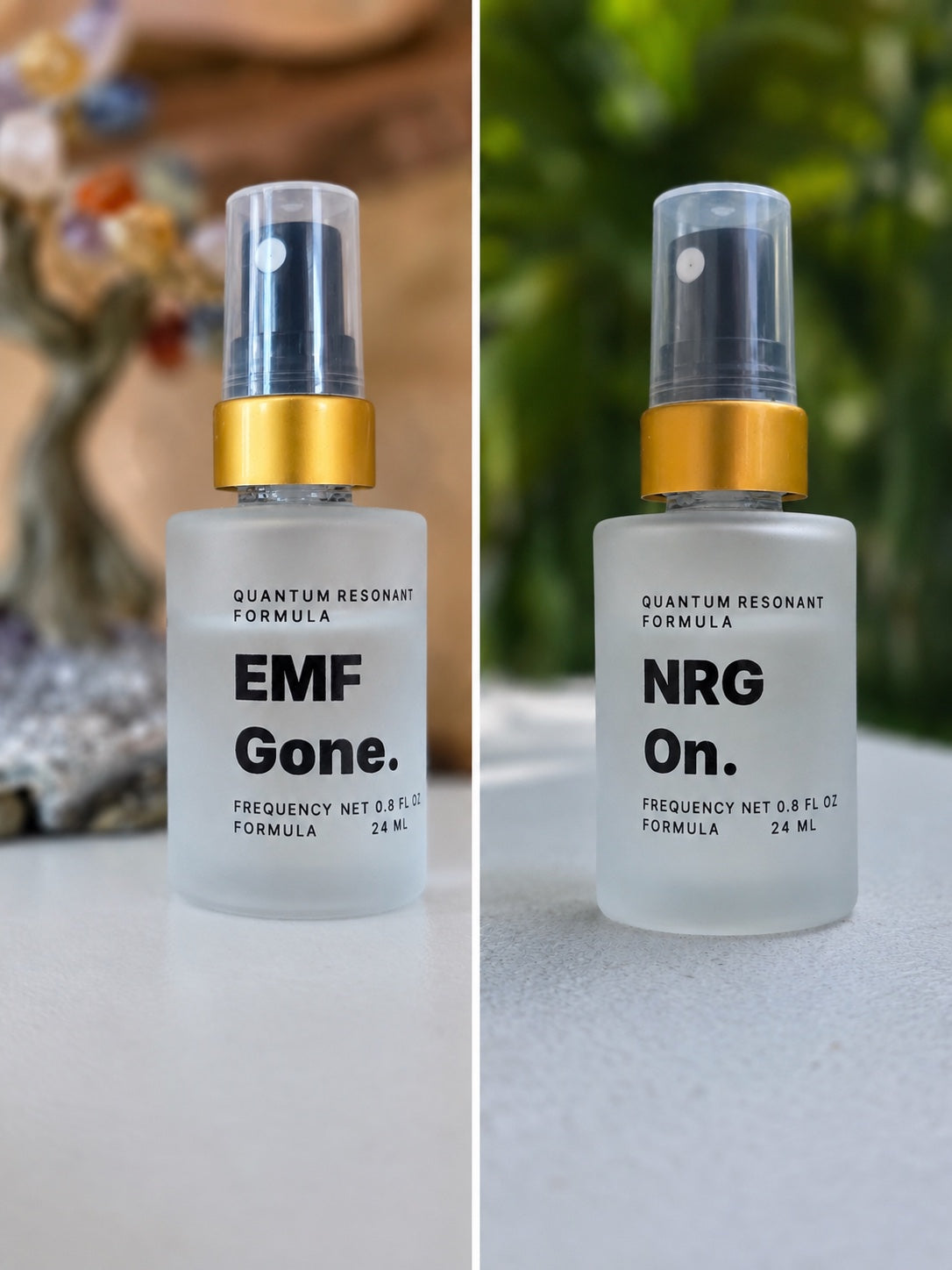 EMF Gone and NRG On — the two steps of the ritual, 24 ml each